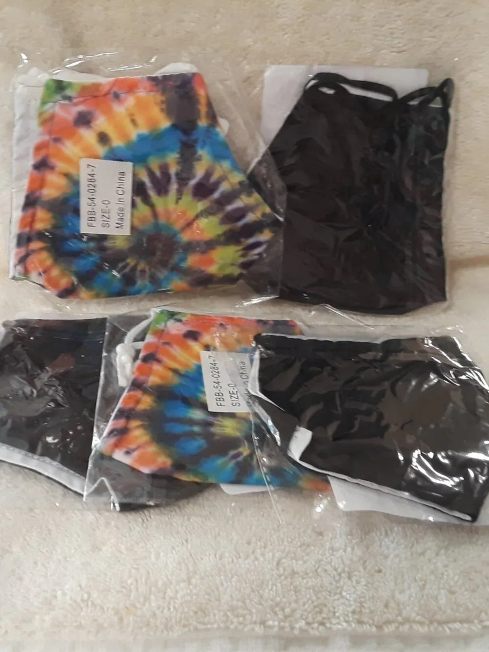 5 Reusable Fabric Face Masks New: 2 Bright Tie Dye + 3 Solid Black All Unisex